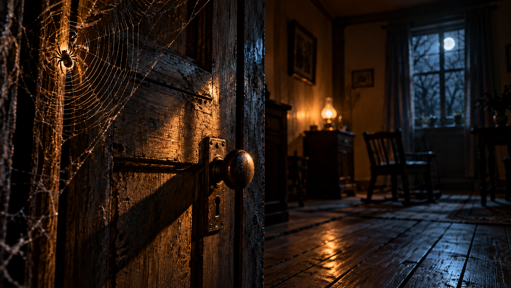 Vieille porte en bois dans une maison sombre avec une toile d’araignée éclairée dans la nuit